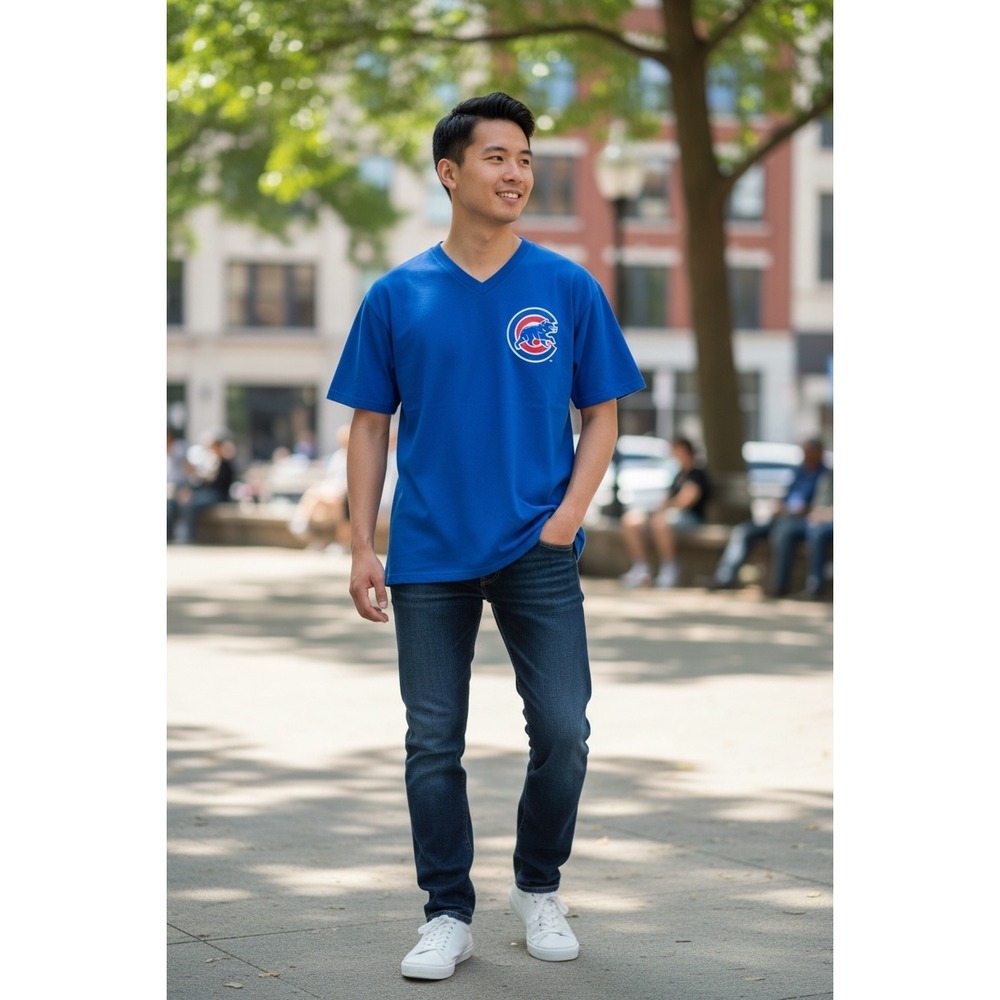 Vintage Chicago Cubs MLB V-Neck T-Shirt Blue‎ Walking Bear Logo Mens XL